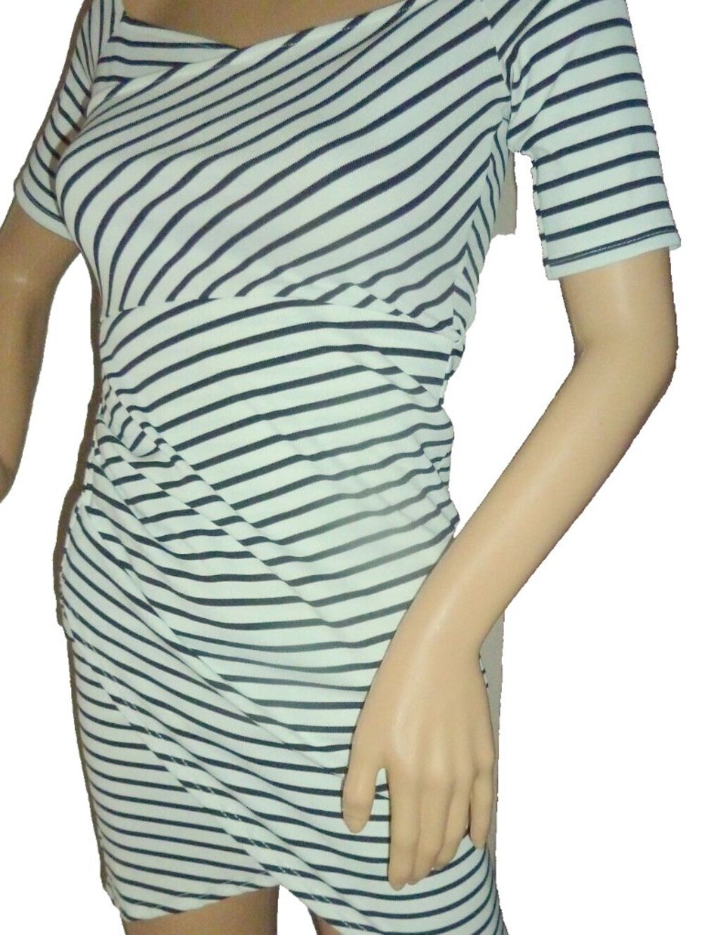 White and black stripes, back slit, fitted dress